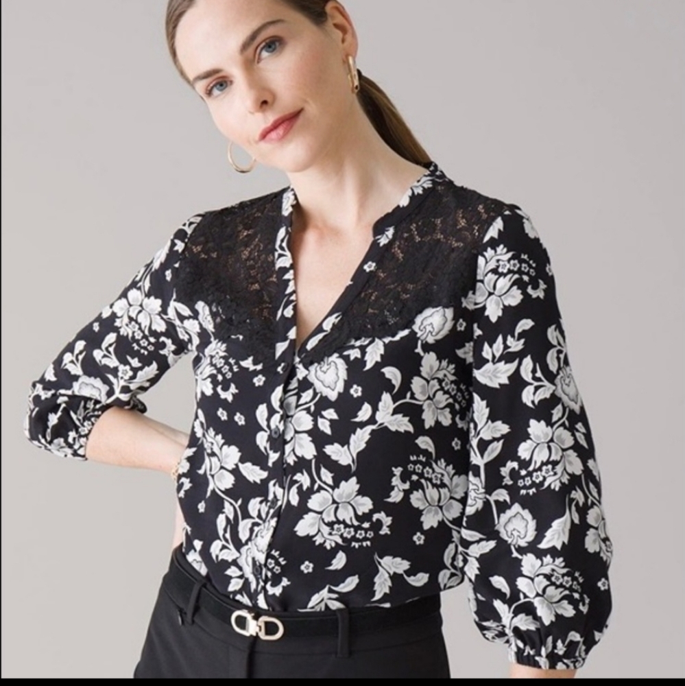 Whbm black and white floral blouse large